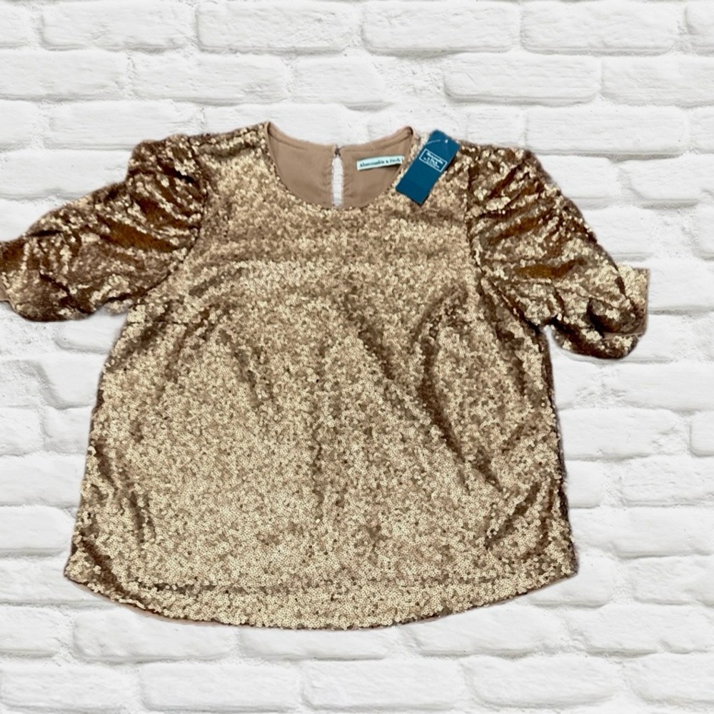 ABERCROMBIE & FITCH ROSE GOLD SEQUIN BLOUSE RUCHED SLEEVE BUTTON BACK SIZE SMALL